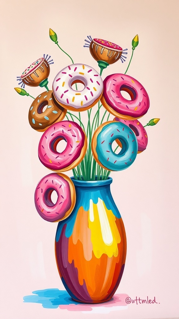 A colorful painting of a vase filled with donuts, showcasing bright colors and playful designs.